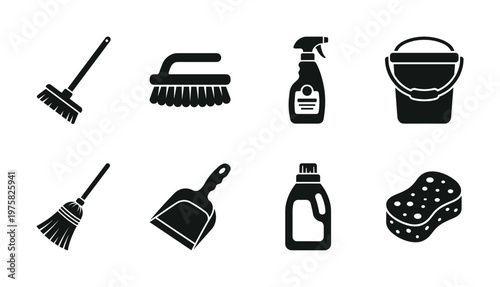 A set of black vector icons for cleaning services. Includes broom, brush, spray, bucket, sponge. Perfect for infographics, websites, and housekeeping design.