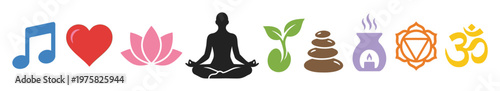 Holistic healing icon set with symbols for meditation, yoga, zen, and spirituality. Colorful vector illustration for wellness and mindfulness concepts.