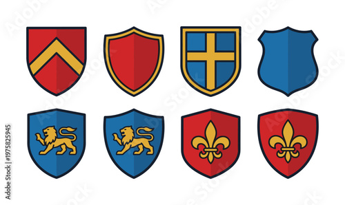 A collection of colorful heraldic shields and coat of arms icons. Vector set for security logos, game assets, or family crest design. Flat style illustration.