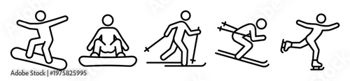 A set of winter sports icons. Black line art pictograms of athletes snowboarding, skiing and ice skating. Vector illustrations for sport, active lifestyle or vacation design.
