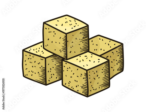 Cane sugar. Product from sugarcane plant. Engraving hand drawn natural organic food or natural ingredient. Fresh sugar in heap and cubes