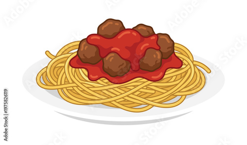 Vector illustration of classic spaghetti with meatballs and tomato sauce on a plate. Ideal for restaurant menus, food icons, blogs, or Italian cuisine concepts.