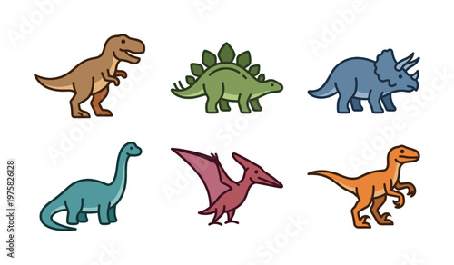A colorful set of cute dinosaur vector icons. Includes T-Rex, Stegosaurus, and more. Perfect for kids' designs, education, and fun prehistoric themes.