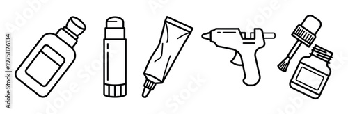 A set of different glue types for crafting and DIY. Includes glue gun, stick, and tube icons. Vector line art illustration for creative or office supply concepts.