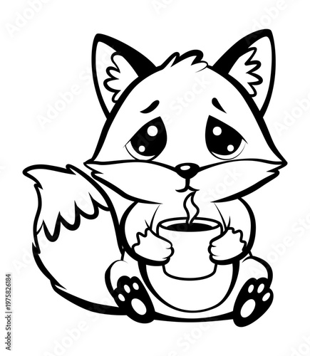 Sleepy melancholic fox staring into far horizon, Sorrowful fox with hot mug near rainy city street, Solitary fox with hot drink watching rain washing over urban landscape