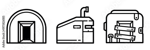 Set of survival bunker and military fortress vector icons. Line art illustration of doomsday shelters and defensive structures for game or app design.
