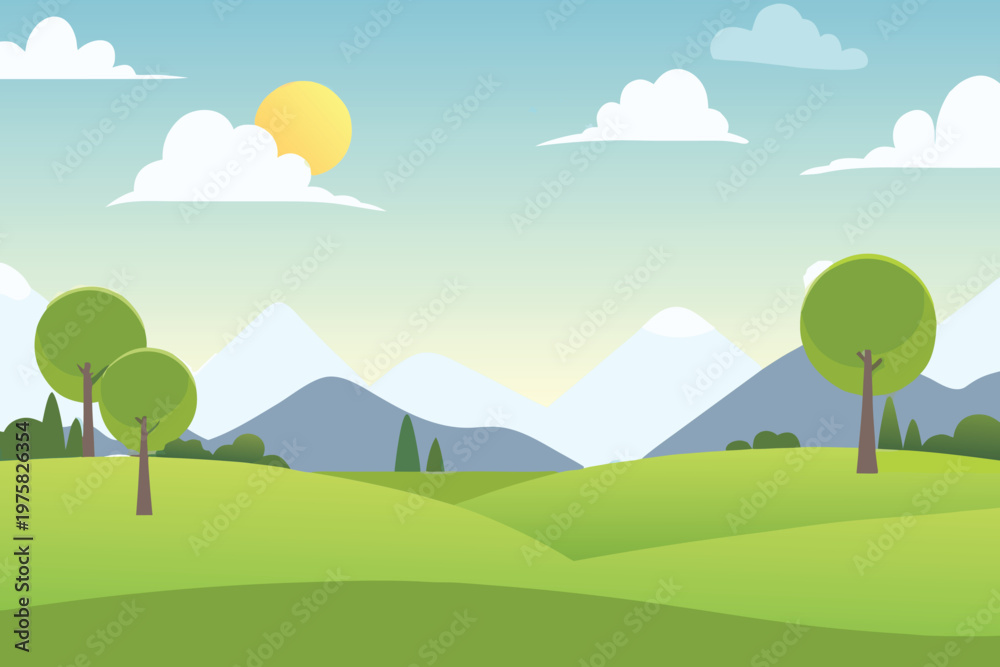 Fototapeta premium A bright cartoon landscape with rolling hills and a sunny sky