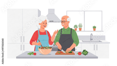 senior couple cooking together at home