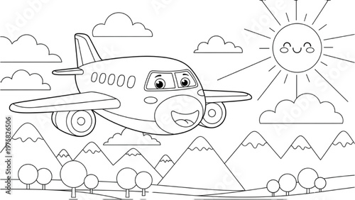 A smiling airplane flies over mountains with vector CAD design under sunny skies