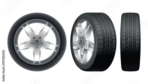 Car tires of rubber with disks. Vector realistic isolated set of tires in different positions. Automobile wheels and maintenance. Truck or vehicle repairing and replacement for next season