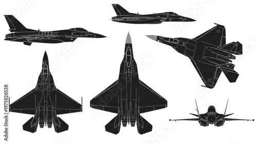 Vector CAD designs of various fighter jets in different angles and positions
