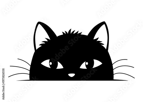 Black cat peeking out window, funny kittens face, curious cat head character, cartoon design vector