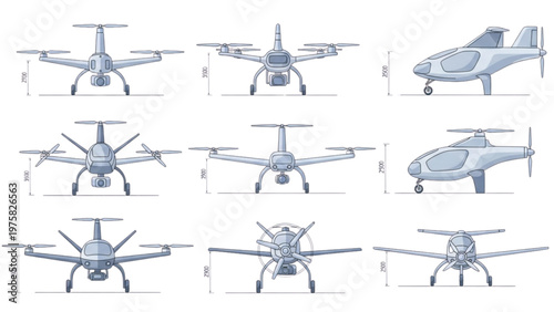 Vector CAD designs showcase various drone angles and technical specifications