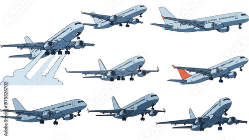 Vector CAD illustration of airplanes in various flight positions and angles