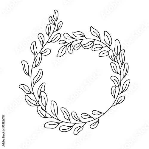 Simple branch of the eucalyptus plant, decorative with rounded leaves. Graphic line art hand drawn ink black and white illustration vector clip art. Separate element isolated