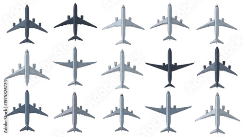 Various airplanes in vector CAD designs on a white background