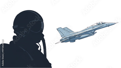 Pilot in helmet views vector CAD fighter jet flying