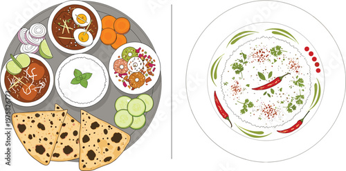 Indian thali and yogurt raita vector illustration set with traditional meal spices flatbread curry and side dishes top view composition