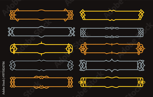 Frames medieval game ui. Empty rectangle frames in old style, interface elements. Metallic banners or decorative borders. Vector cartoon set of blank rectangle buttons