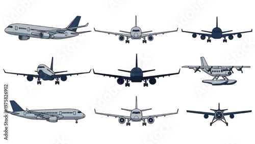 Various vector CAD airplane designs in different angles on white background