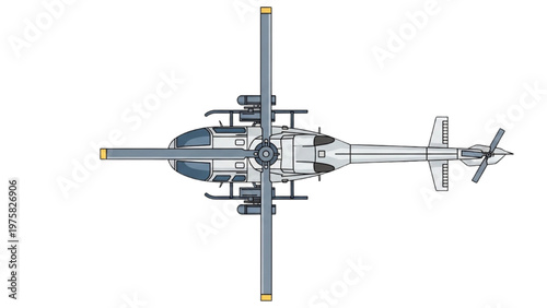 A vector CAD illustration of a helicopter viewed from above showing its metallic components and rotor blades