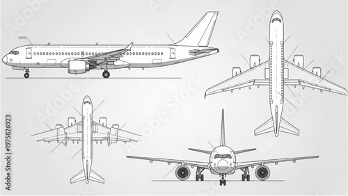 Vector CAD drawings of an airplane in various views and angles