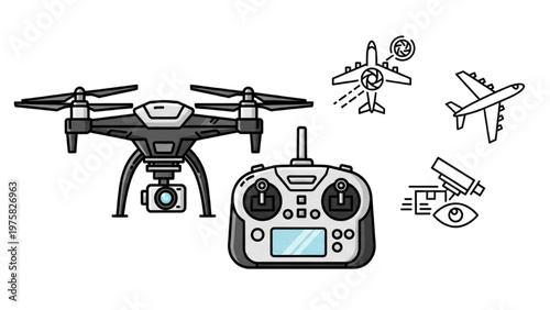 Vector CAD designs showcase a drone with remote control and various aircraft