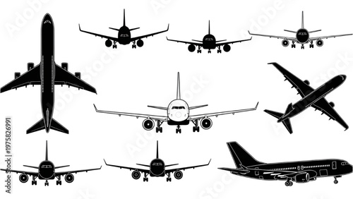 Various vector CAD airplane designs in different positions and angles