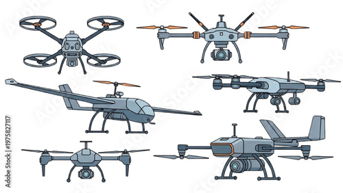 Vector CAD designs showcase various drones in flight vector
