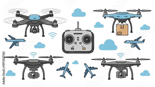 Vector CAD illustration of drones flying with controller and clouds