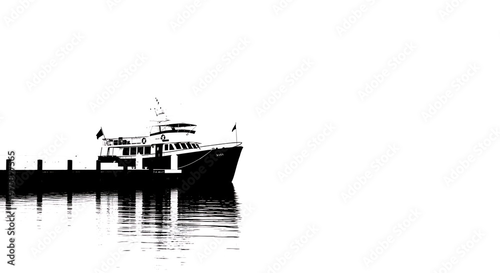 Fototapeta premium A striking high-contrast black and white image of a boat docked at a pier, its reflection shimmering on the water's surface