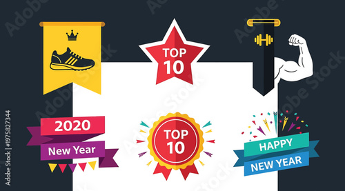 Collection of festive new year 2020 and fitness themed top 10 ranking badges and banners
