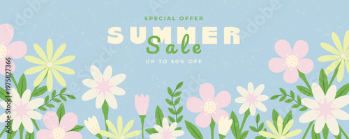 Editable summer sale banner with summer theme and colorful flowers.