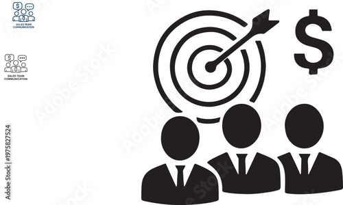 Sales team target achievement icon with group aiming bullseye silhouette vector design