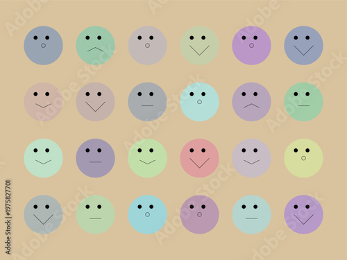 Collection of various colorful smiley faces on tan background
