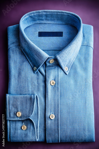 Neatly folded blue denim shirt — clean fashion presentation