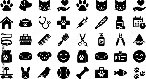 Animal Shelter Icons. Animal Shelter Volunteering. Solid icon set of Animal Shelter Volunteering: paw print, heart, hand, dog, cat, house, food bowl, brush