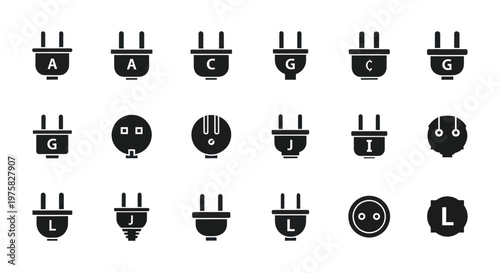 Collection of various electrical plug types, international power connectors