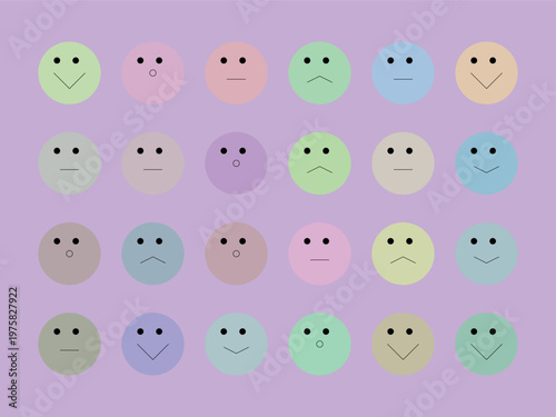 A colorful array of emoticon faces on a purple background with various expressions