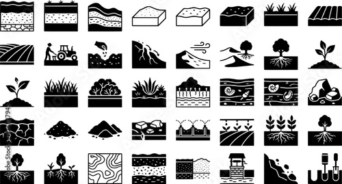 Soil Conservation Icons. Outline icon set of soil conservation: tree roots, cover crop, contour plowing, water
