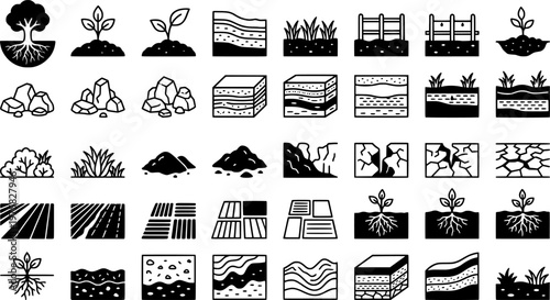Soil Conservation Icons. Outline icon set of soil conservation: tree roots, cover crop, contour plowing, water
