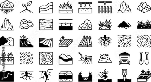 Soil Conservation Icons. Outline icon set of soil conservation: tree roots, cover crop, contour plowing, water
