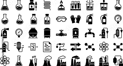 Innovative Recycling Icons. Outline icon set of innovative recycling methods: chemical reactor, solvent bottle
