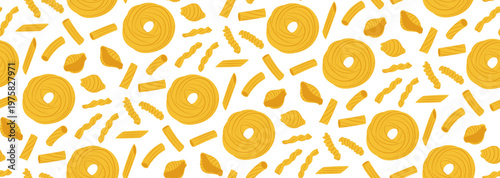 Seamless pattern of various hand drawn Italian pasta shapes on white background. Perfect for food packaging, wrapping paper, kitchen textiles, and menu backgrounds.