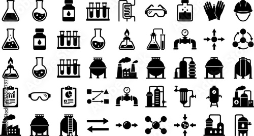 Innovative Recycling Icons. Outline icon set of innovative recycling methods: chemical reactor, solvent bottle

