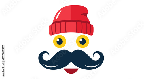Funny cartoon face with red beanie hat, big mustache, and wide eyes