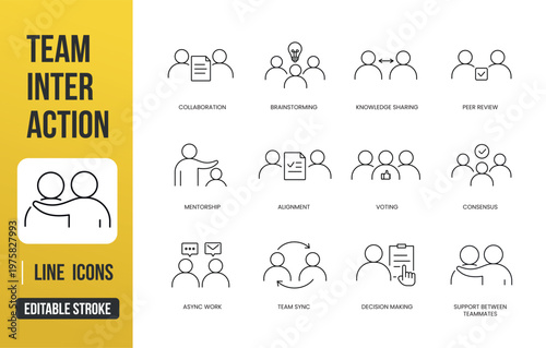 A set of team interaction icons for collaboration, communication, feedback, and group decision making, created in line style with editable stroke