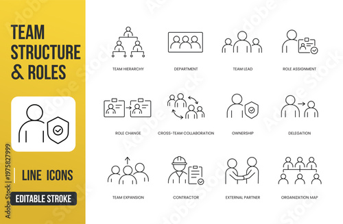 A set of team structure and role management icons for hierarchy, collaboration, delegation, and organizational mapping, created in line style with editable stroke