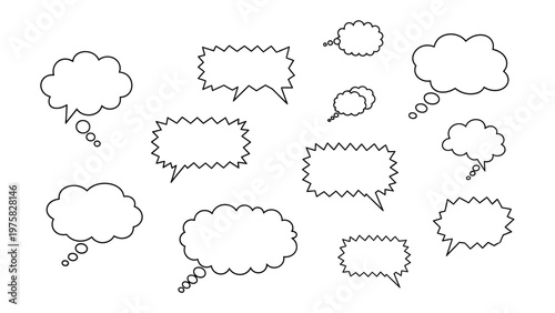 Empty thoughts: Diverse assortment of speech bubbles and thought bubbles. Each bubble, ready to house a message or idea, a perfect canvas for communication and imagination.