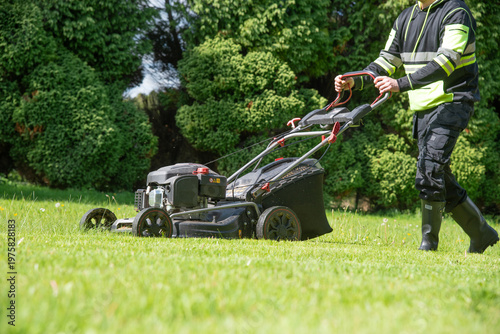 Side view of gardener mowing lawn in a green park or garden. Professional landscaping service concept with lush background, representing maintenance, care, and outdoor work